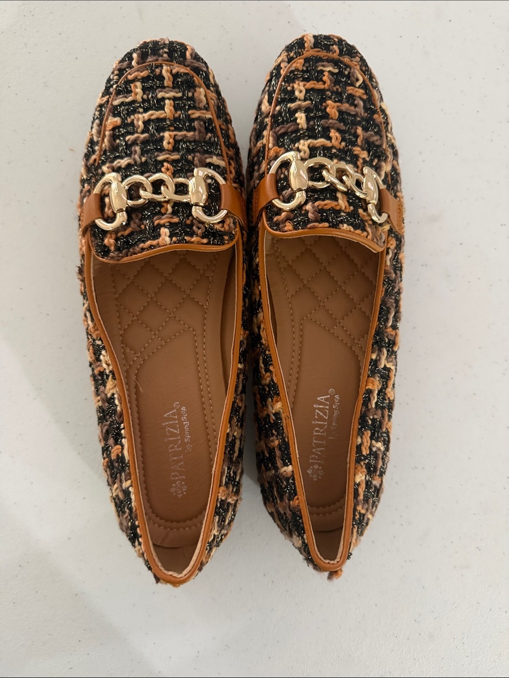 Patrizia by Spring Step Women’s Size 9 Tweed Loafers Gold Chain Multicolor